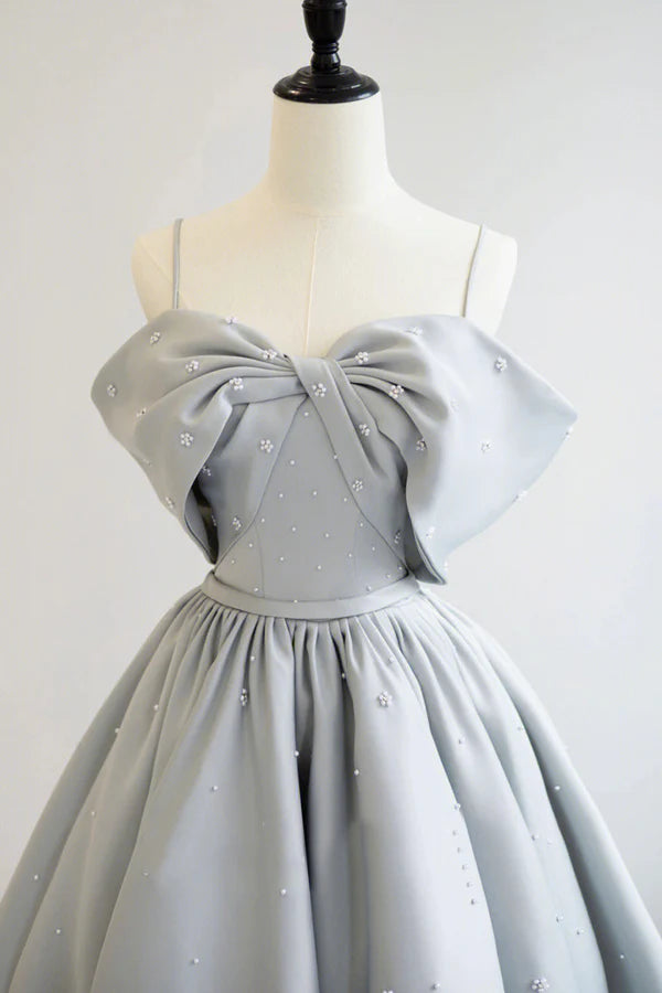 Wholesale Gray Satin Long Prom Dress A-Line Spaghetti Straps Evening Graduation Dress
